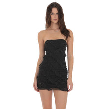 Load image into Gallery viewer, Mesh Rhinestone Strapless Ruffle Dress in Black