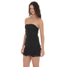 Load image into Gallery viewer, Mesh Rhinestone Strapless Ruffle Dress in Black