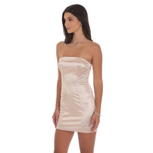 Load image into Gallery viewer, Satin Strapless Bodycon Dress in Champagne
