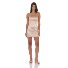 Load image into Gallery viewer, Satin Strapless Bodycon Dress in Champagne
